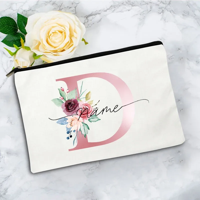 trousse de maquillage personnalisée rose à motifs floraux avec initiale, pochette cosmétique en toile personnalisée, organisateur de voyage pour articles de toilette pour femmes