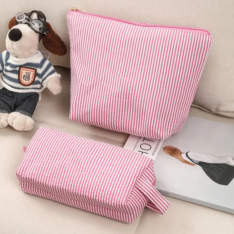 trousse polyester rayé rose violet bleu oreiller format voyage grande capacité maquillage cosmétiques femmes