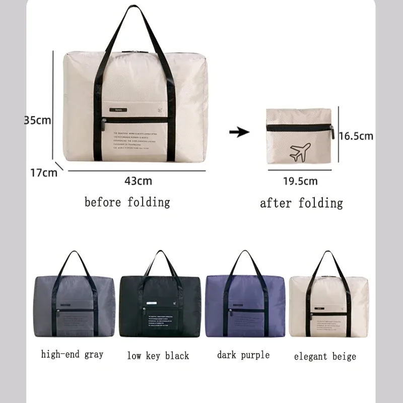 un sac à main pliable qui peut être fixé à la poignée d'un bagage, avec une grande capacité pour contenir les essentiels de voyage ; il peut également être plié en un sac de rangement compact en quelques étapes simples