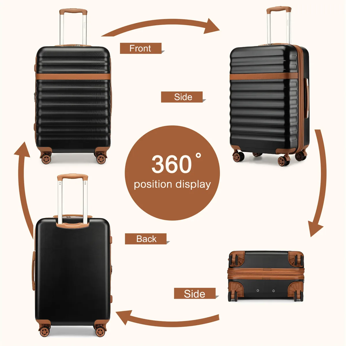 ensemble de valises rigides kono 3 pièces en abs+pc avec 4 roulettes pivotantes et serrure tsa, ensemble de valises trolley 20+24+28 pouces