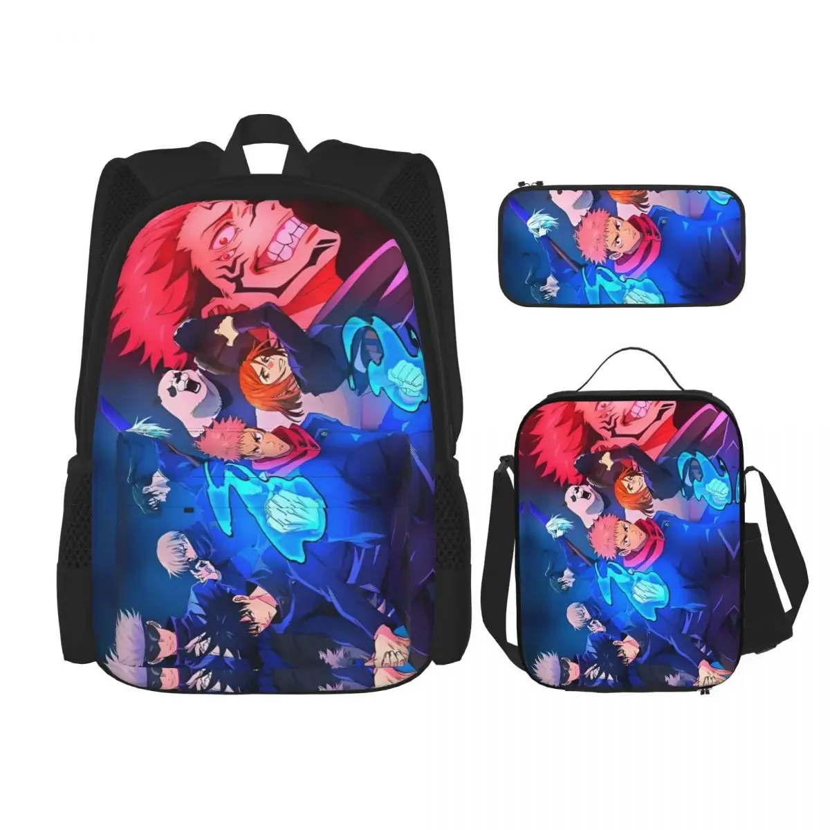 sac dos polyester noir motif animé format grand volume usage étudiant lycéen informatique bandes latérales pochette stylos sac main assorti