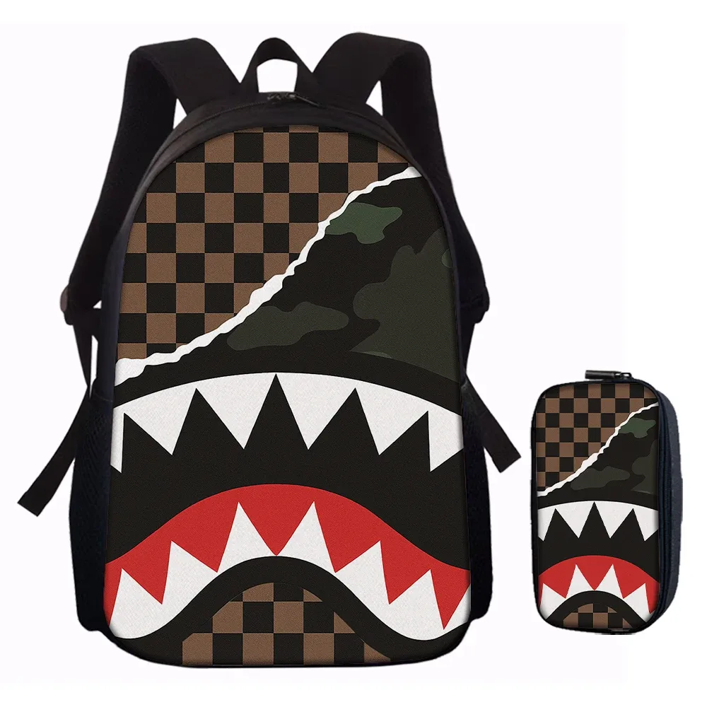sac dos polyester requin dents camouflage carreaux bleu gris beige noir usage quotidien école aventures