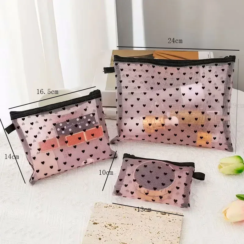 1 pièces sac de maquillage transparent pour femmes fille voyage stockage sac de lavage maquillage organisateur étui pochette amour coeur maille sac cosmétique