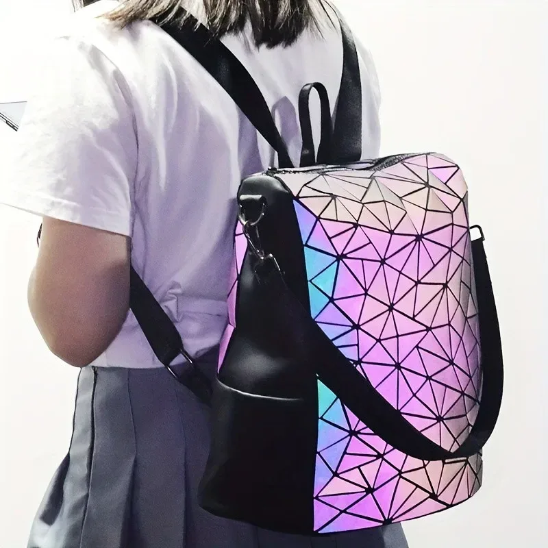 sac à dos lumineux tendance pour femmes, en pvc holographique, géométrique, pour adolescentes, sac de voyage mochila feminina