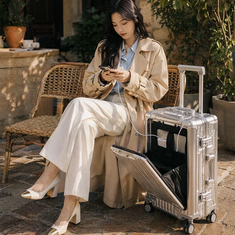ensemble 1 pièce, valise trolley à cadre en aluminium de 20 pouces, bagage cabine fonctionnel avec frein à absorption des chocs, roues universelles silencieuses, fonction porte-gobelet, fonction porte-téléphone, fonction de chargement usb, idéale pour les voyages d'affaires, les vacances, les courts séjours et comme cadeau.