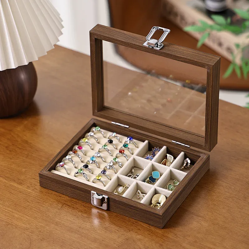 boîte à bijoux motif noyer avec couvercle, étui de rangement pour bagues, boucles d'oreilles, bracelets, chaînes, plateau de présentation en bois dur de style décontracté
