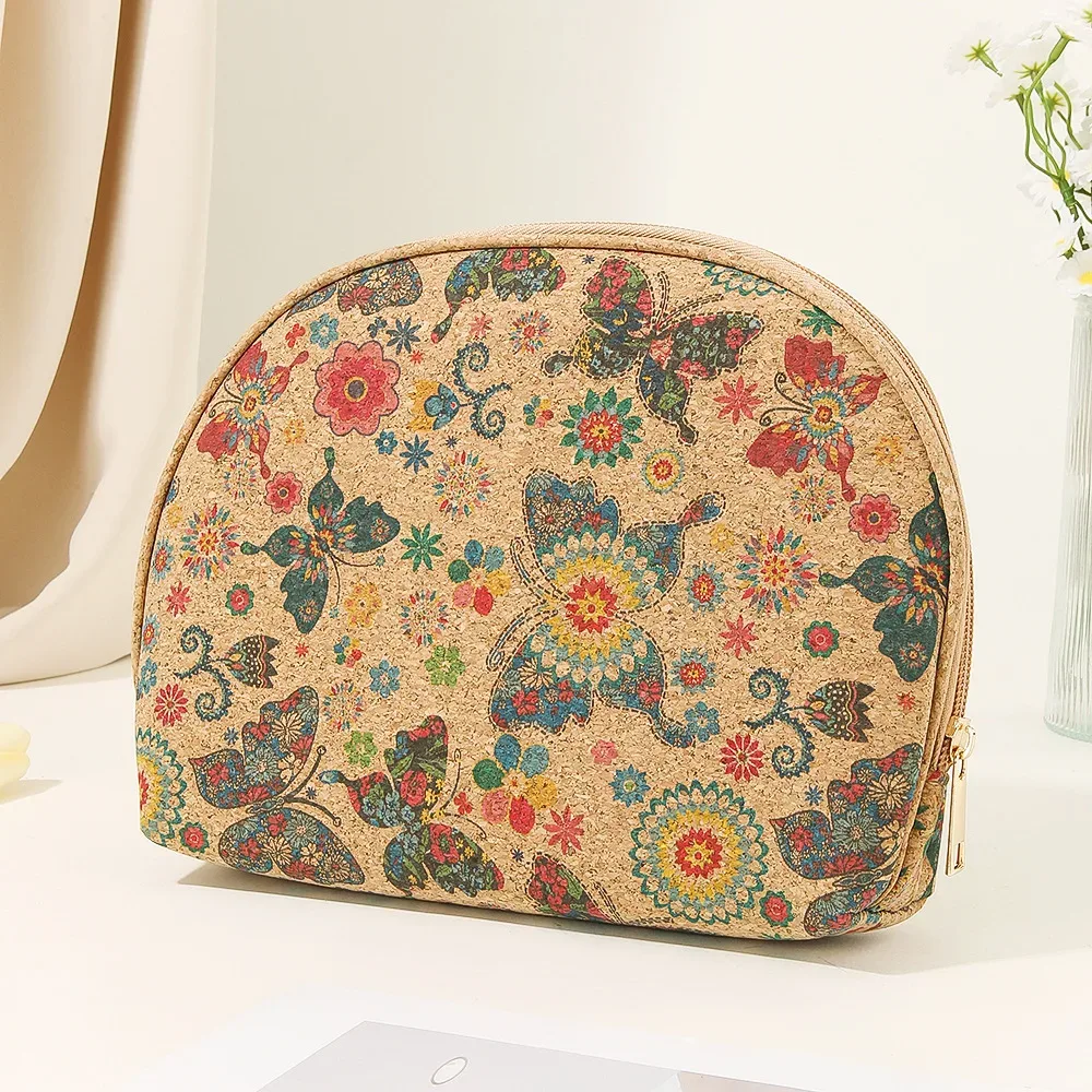 trousse de maquillage légère, sac en liège élégant, pochette en liège semi-circulaire écologique pour un usage quotidien, maquillage de vacances