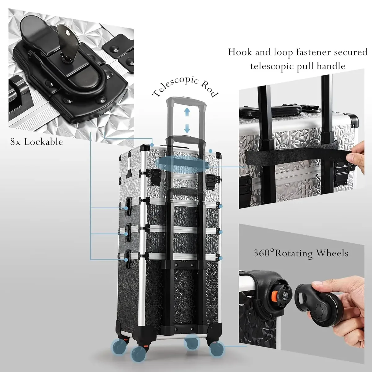 valise de cosmétologie rigide 4-en-1 en aluminium sur roulettes, grande capacité, avec 4 plateaux, chariot de maquillage roulant, valise de voyage pour tatouage, organisateur de vernis à ongles, boîte de rangement, valise de maquillage professionnelle de voyage avec clés