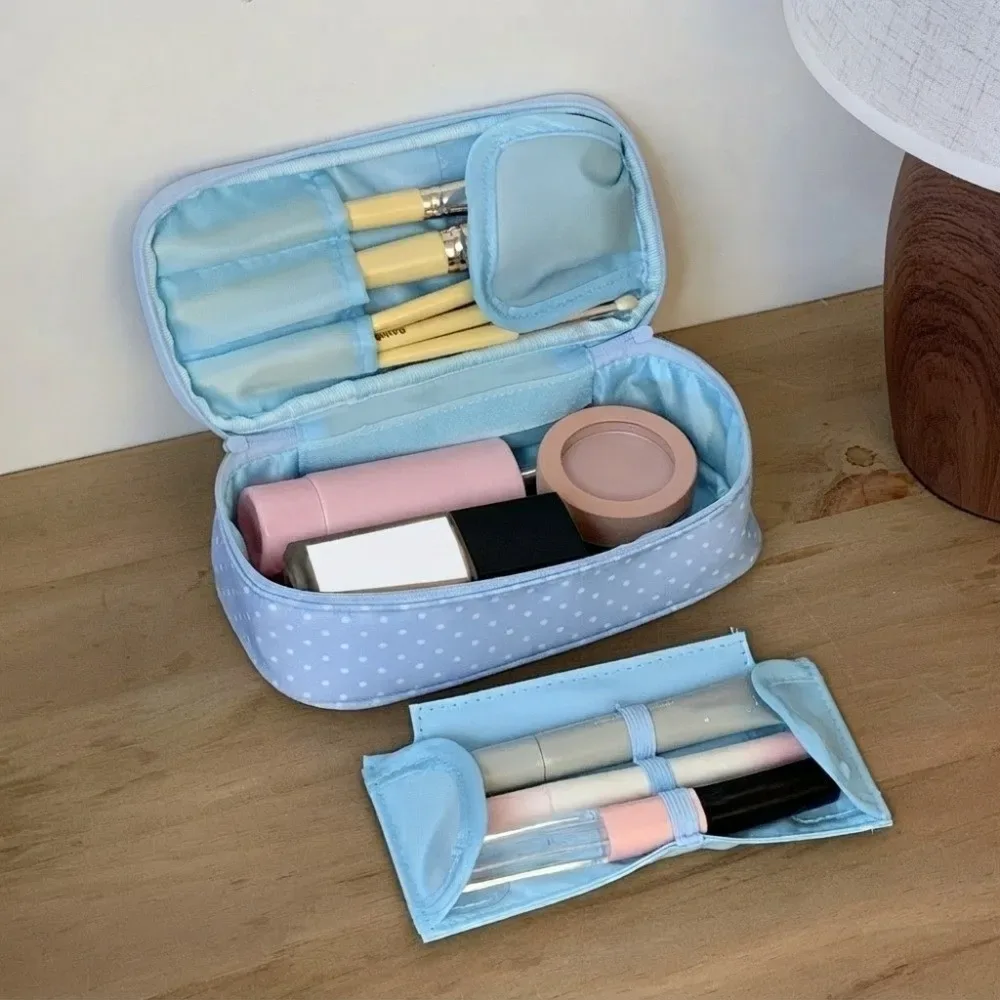 pochette de maquillage en polyester à pois, sac de rangement de voyage à carreaux multi-tailles, trousse de toilette bleu clair avec fermeture éclair, pochette cosmétique pour usage quotidien