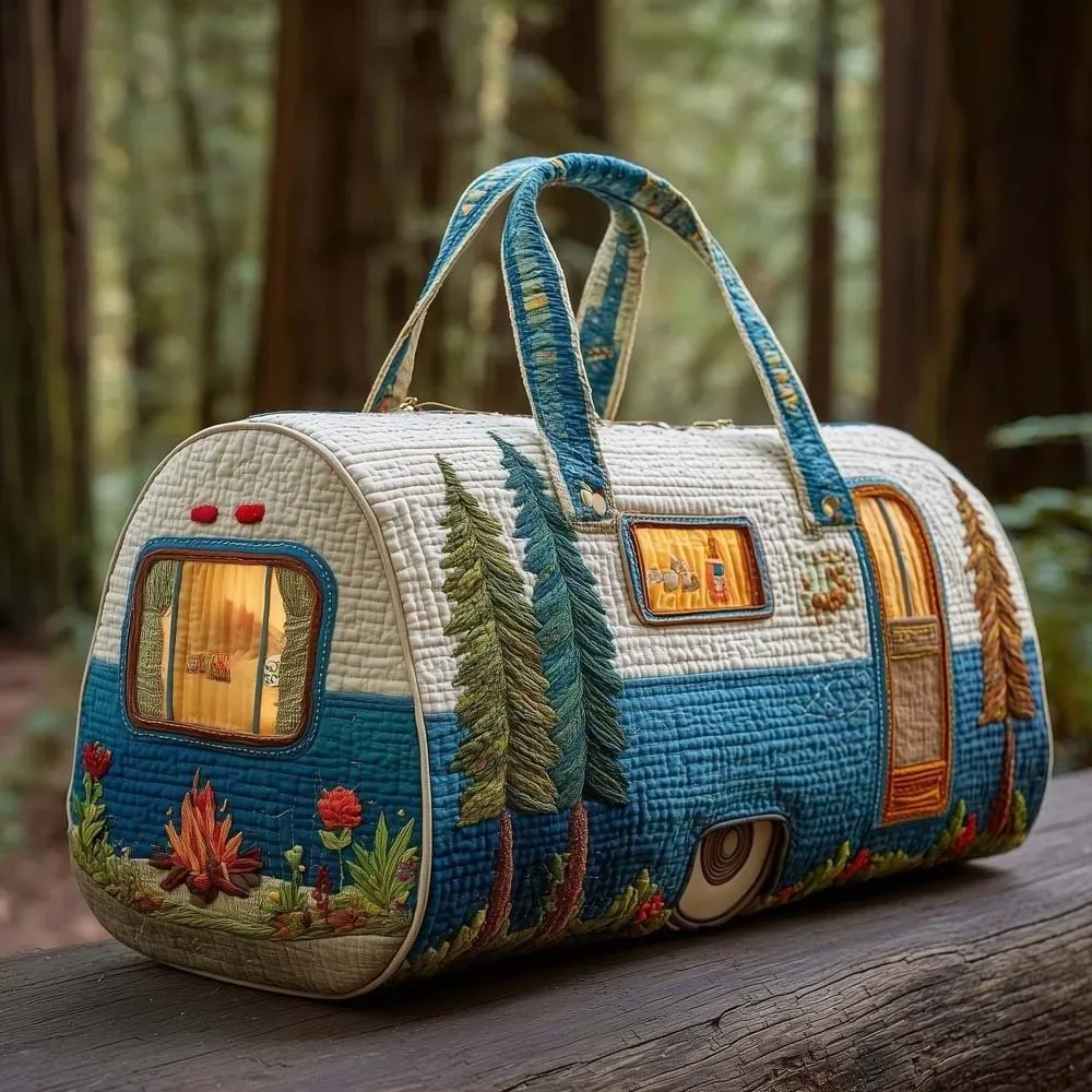 sac de voyage matelassé grande capacité imprimé motif bus, en tissu doux et léger, avec fermeture éclair durable