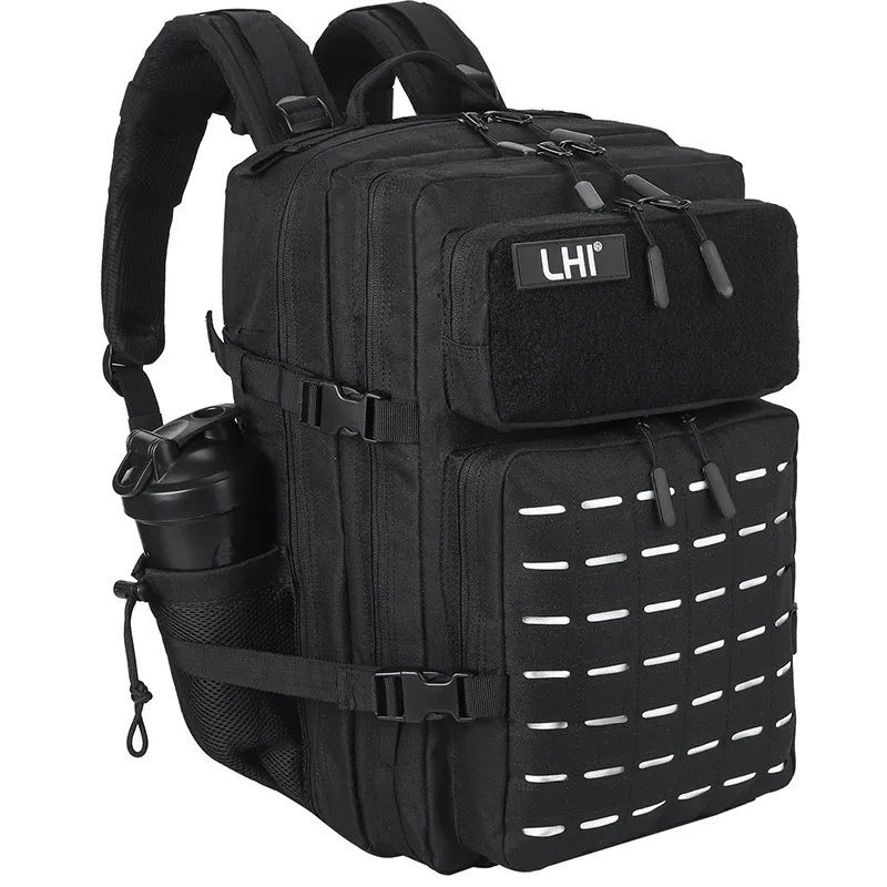LHI 45L sac à dos tactique hommes noir Spotrs athlète sac de sport Camping en plein air randonnée sac à dos armée assaut Pack avec porte-bouteille