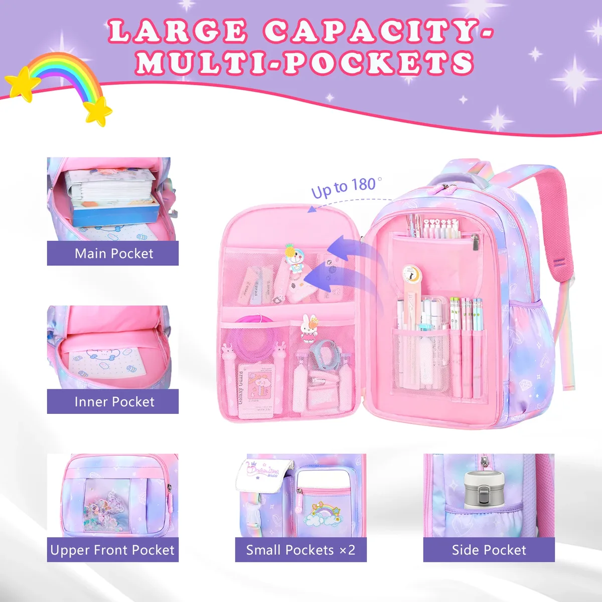 sac à dos d'école pour filles, 3 pièces, grande capacité, sac d'école pour enfants avec étui de transport pour crayons et déjeuner, sac à dos de voyage, cadeau pour enfant