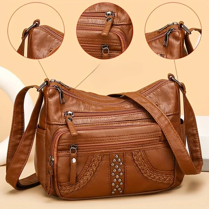 1 pièces en cuir pu souple multi-poches sac à bandoulière grande capacité minimaliste décontracté épaule sac à bandoulière à la mode