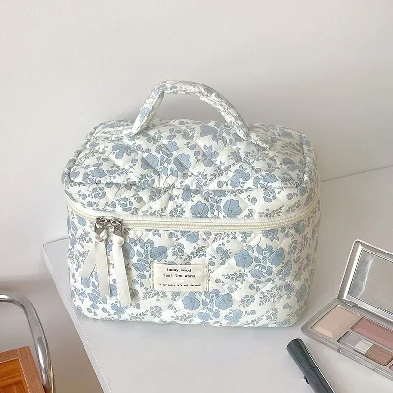 sac à cosmétiques en coton à fleurs noires pour femmes, 1 pièce, sacs de rangement en tissu, petite pochette de voyage de grande capacité, étui de maquillage pour femmes