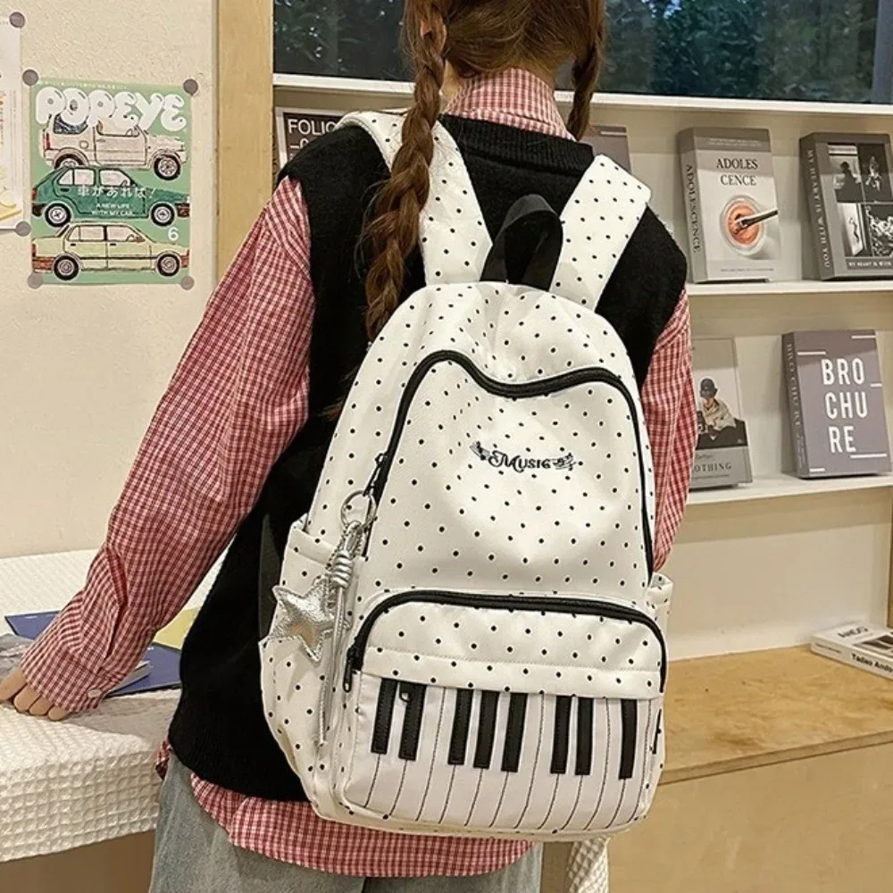 sac à dos en nylon à pois, color-block, mignon, grande capacité, durable, style preppy, motif touches de piano, pour l'école et l'université