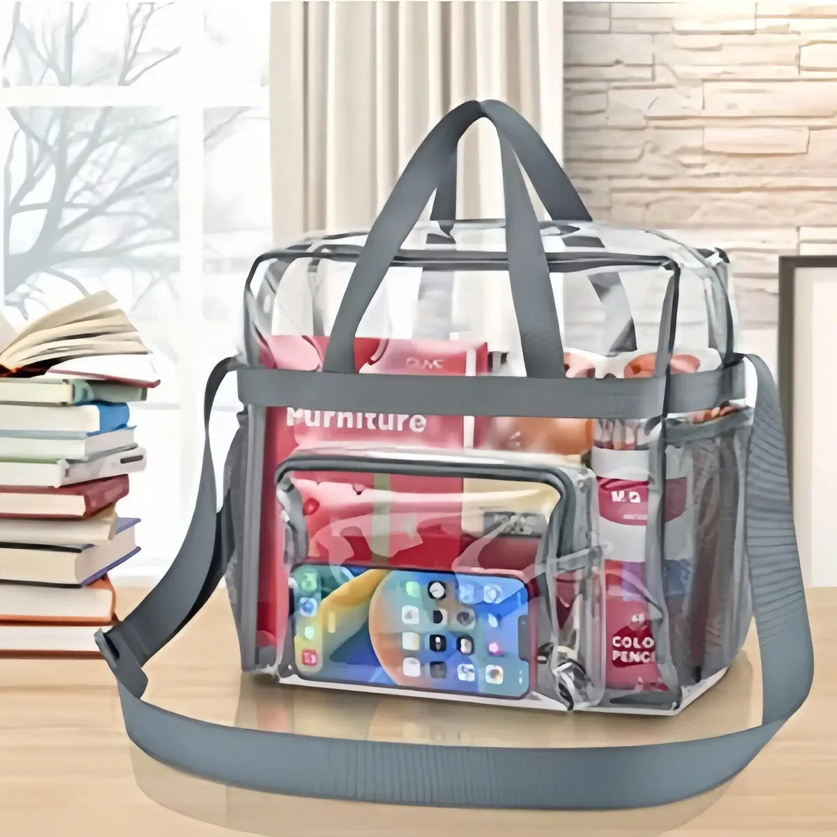 sac fourre-tout transparent en plastique robuste, bandoulière avec poches zippées, passe la sécurité des stades, livraison rapide, pour femmes, travail, concerts