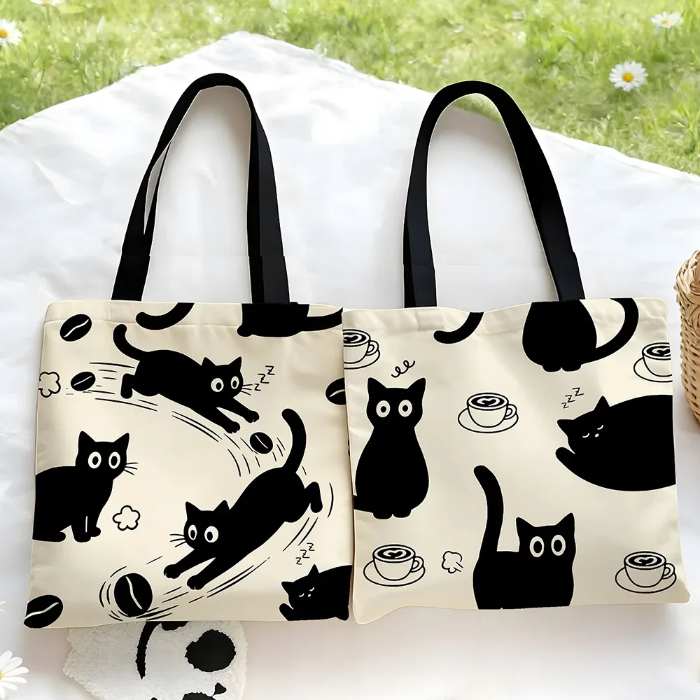 sac fourre-tout en toile motif chat noir et café – imprimé chaton mignon et ludique avec motifs latte et grains de café, sac à bandoulière bohème écologique