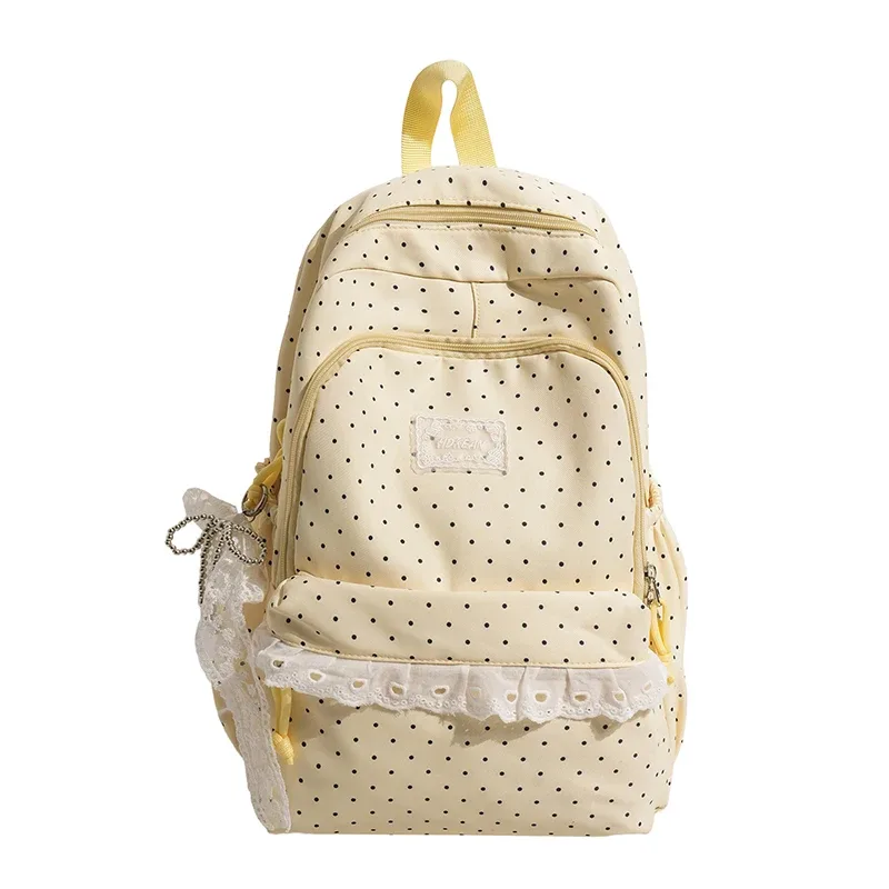 sac à dos scolaire en nylon de grande capacité, style coréen, orné de dentelle à pois et d'un joli nœud décoratif, idéal pour les filles, pour les voyages quotidiens.