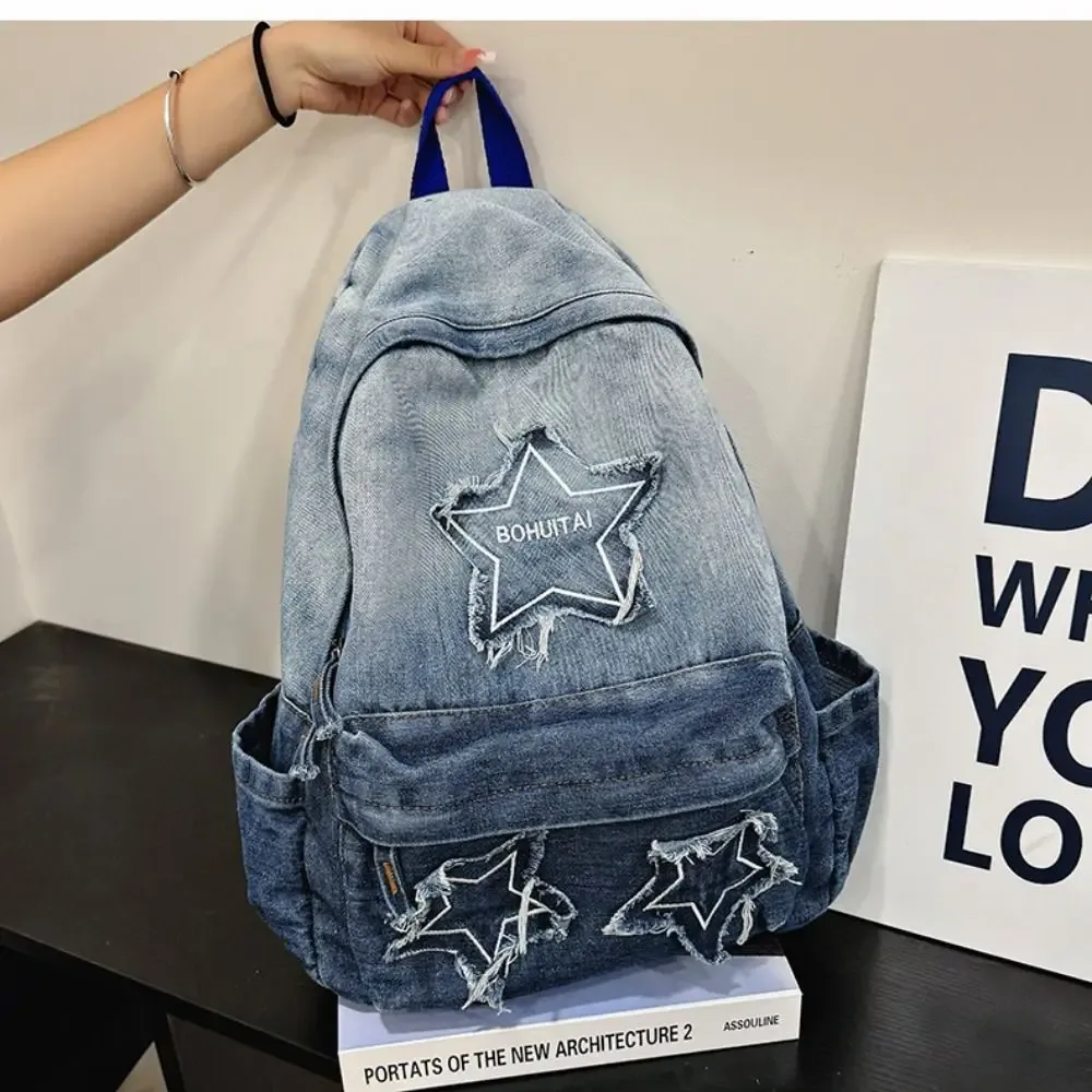 sacs à dos en jean de grande capacité, matériau en jean, structure multi-poches, sac de voyage, sac d'école multifonctionnel pour adolescentes