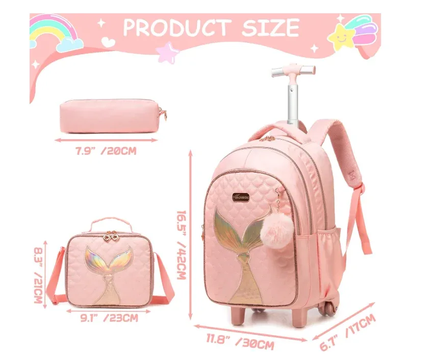 valise sac dos rose queue sirène motif multicolore poignée roue transport enfant déplacement école lunch stylos femmes