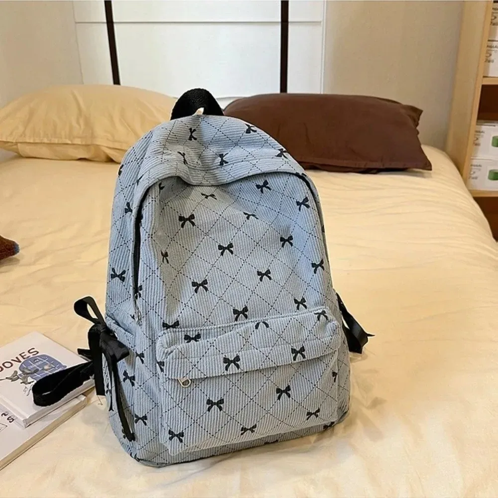 sac à dos en velours côtelé style coréen tendance, grande capacité, bretelles réglables, imprimé nœud, pour étudiants et lycéens