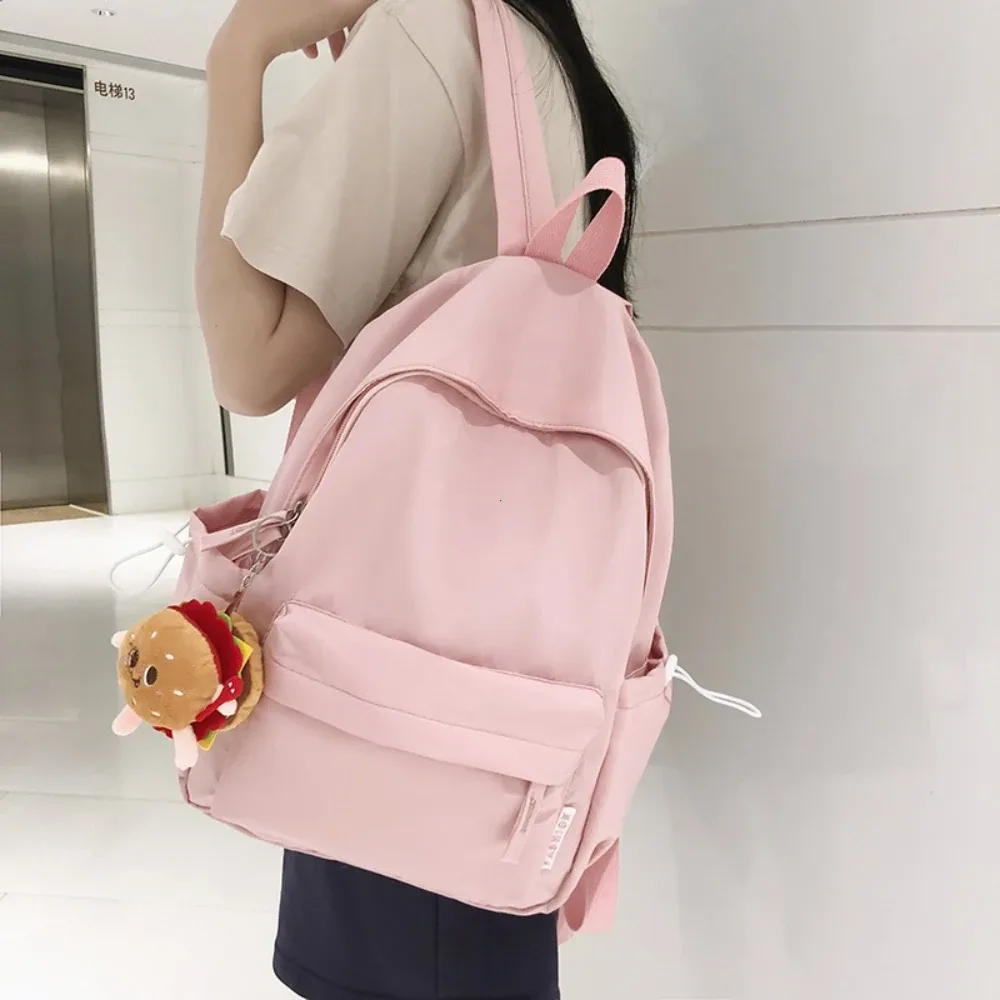 Sac Dos Nylon Imperméable Rose Beige Vert Pastel Noir Format Rectangulaire Poche Latérale Zippée Porte-Clés Hamburger Usage Voyage Décontracté