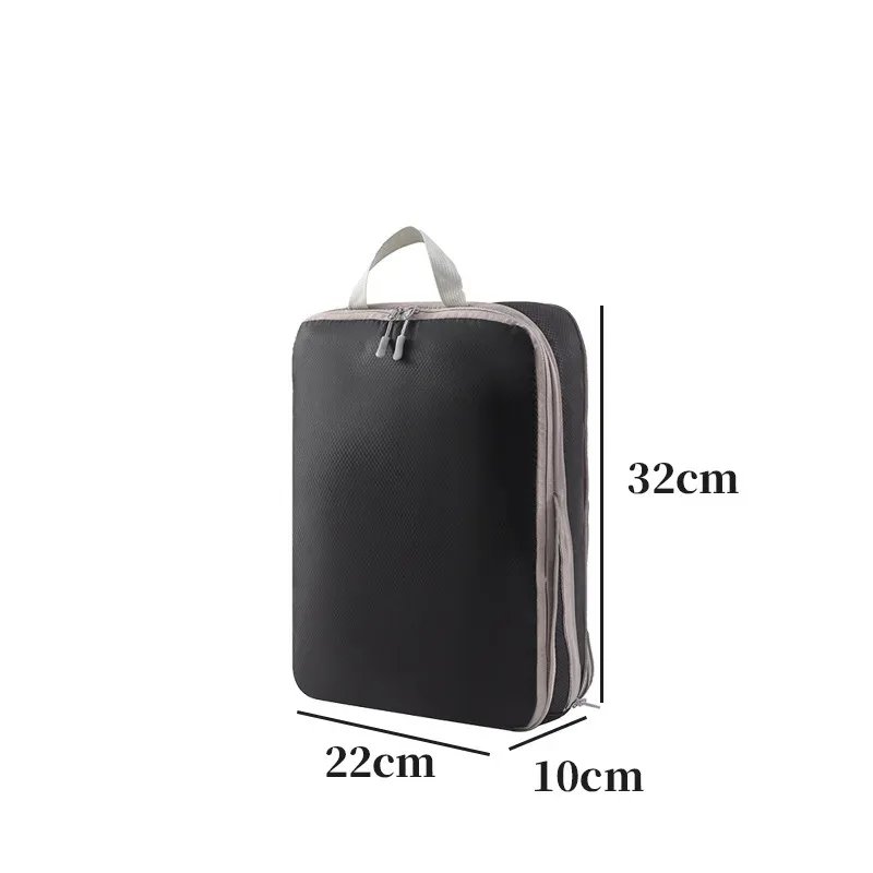 organisateur voyage polyester blanc bandes grises format rectangulaire poignées grises compression vêtements articles toilette rangement valise