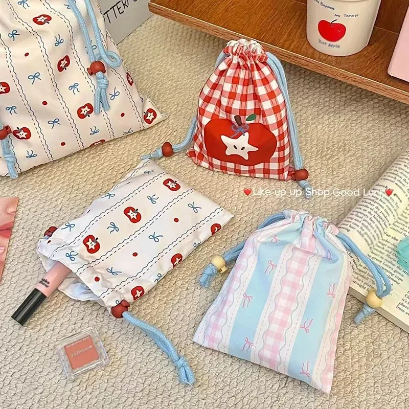 sac de rangement mignon à cordon de serrage, grande capacité, motif écossais rouge, organisateur de voyage pour vêtements et cosmétiques, pochette portable en tissu avec porte-clés apple