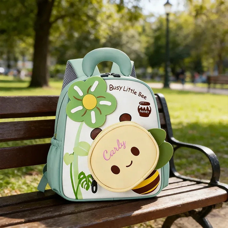 sac dos polyester rose motifs abeilles fleurs enfants double bandoulière grande capacité voyager école