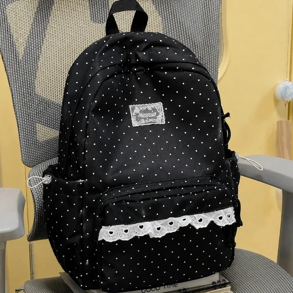 sac à dos de voyage mignon à pois avec dentelle, grande capacité, cartable d'étudiant, sac à dos multi-poches en nylon pour ordinateur portable