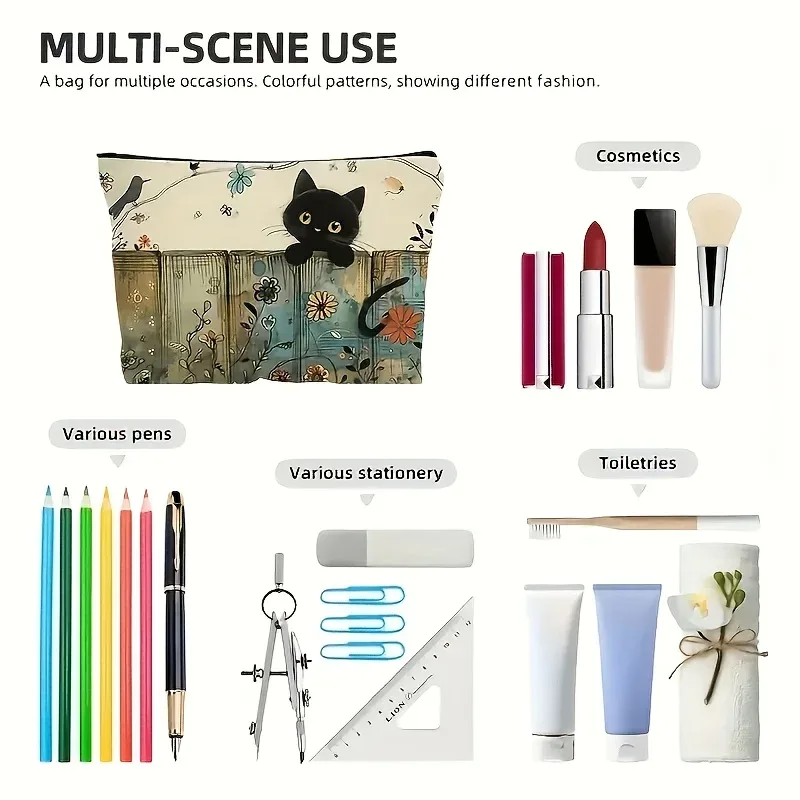 pochette florale à fermeture éclair pour chat noir – trousse à cosmétiques durable et résistante à la décoloration, cadeau pour sœurs, amis, amoureux des chats | conception vibrante