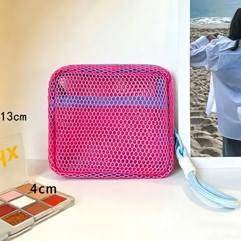 mini porte-monnaie portable en maille, trousse de maquillage en tissu maille dopamine, sac de rangement pour argent, rouge à lèvres et fards à paupières pour les voyages et le shopping