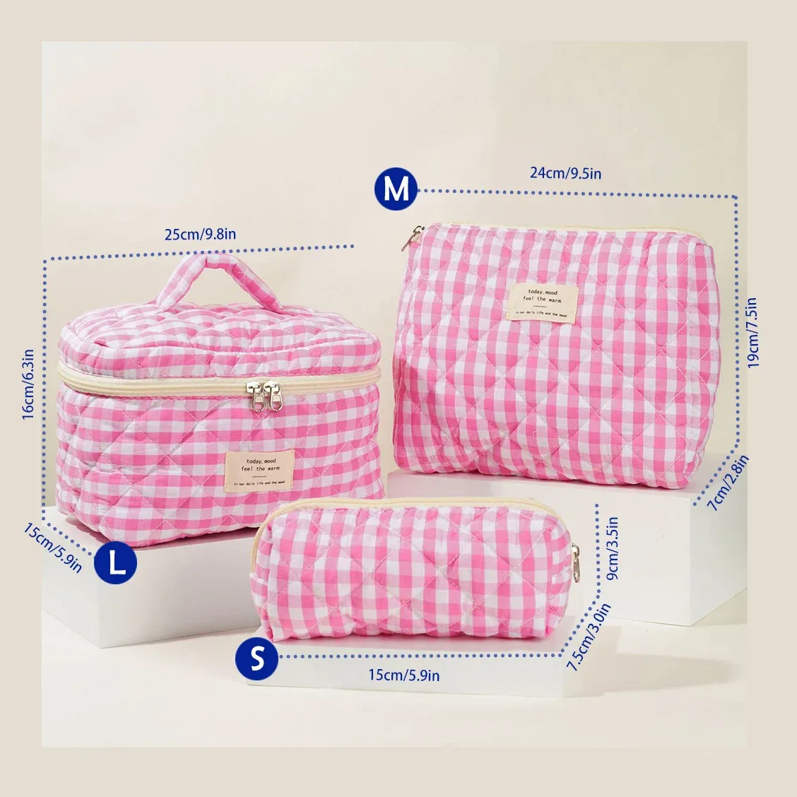sac de maquillage en coton matelassé pour femmes, 1 pièce, mignon, fermeture éclair, organisateur de cosmétiques, sac à main en tissu en forme de boîte, trousse de toilette portable pour filles