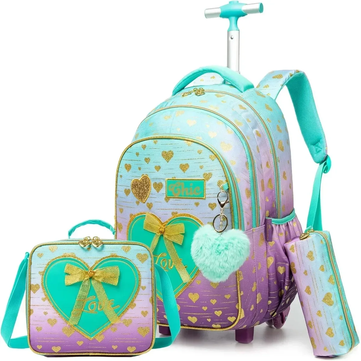 sac à dos à roulettes avec ruban nœud papillon pour enfants, sacs à dos mignons pour filles, sac à roulettes pour élèves du primaire