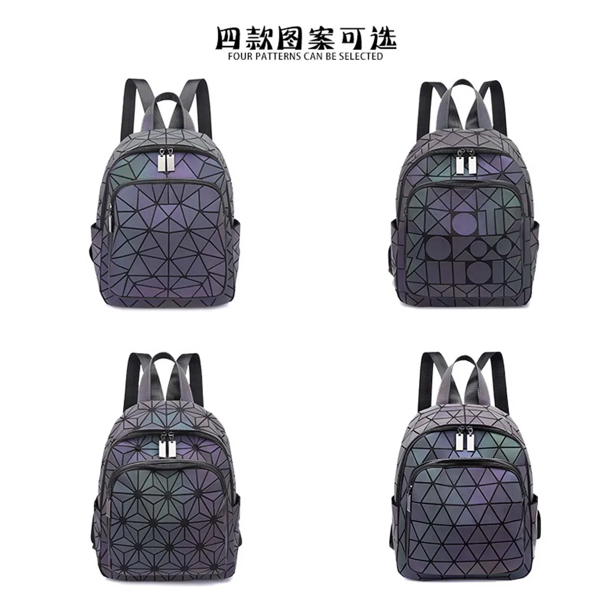 sac dos nylon gris violet motif diamant refléchissant bande souple décontracté grande capacité usage voyage