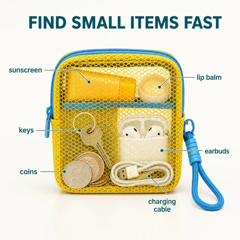 petite pochette de plage en maille transparente, sac cosmétique avec sangle de poignet amovible, organisateur de voyage pour crème solaire, clés, câbles