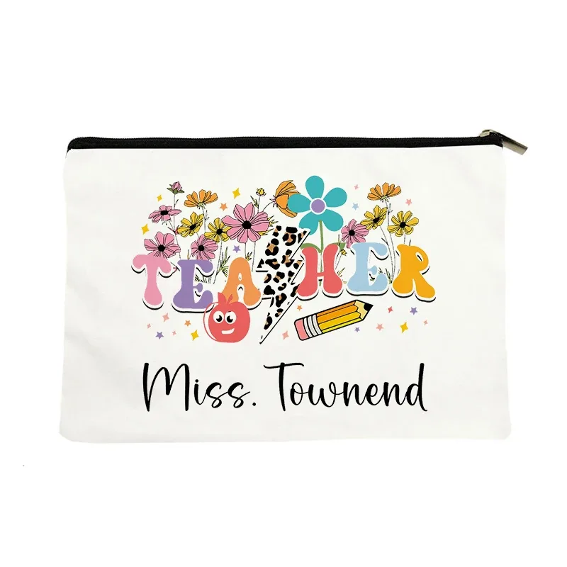 trousse de maquillage en toile "appréciation des enseignants", "aimer enseigner inspirer", pochette cosmétique mignonne avec fermeture éclair, organisateur de toilette portable pour voyage