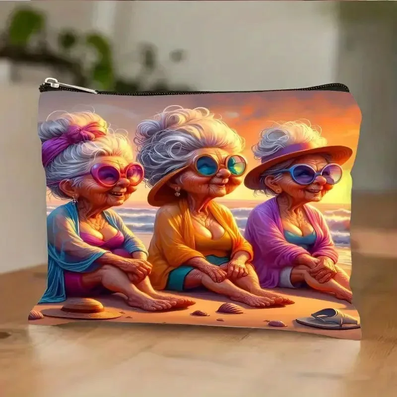 nouvelle trousse de maquillage en toile imprimée avec motif de femme âgée amusante, trousse à crayons pour étudiants, trousse de toilette portable, sacs de toilette, sacs en toile