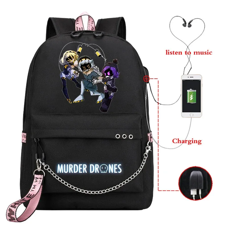 sac dos toile dessin animé personnages colorés logo murder drones chaîne métallique câble usb voyage capacité 20 35 litres