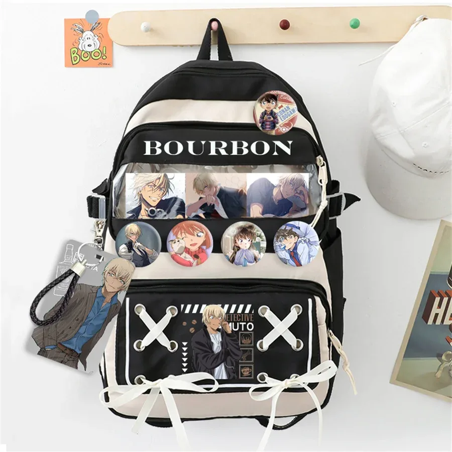 sac dos nylon animaux personnages beige noir poche avant appliques badge couverture souple ceinture air unisexe