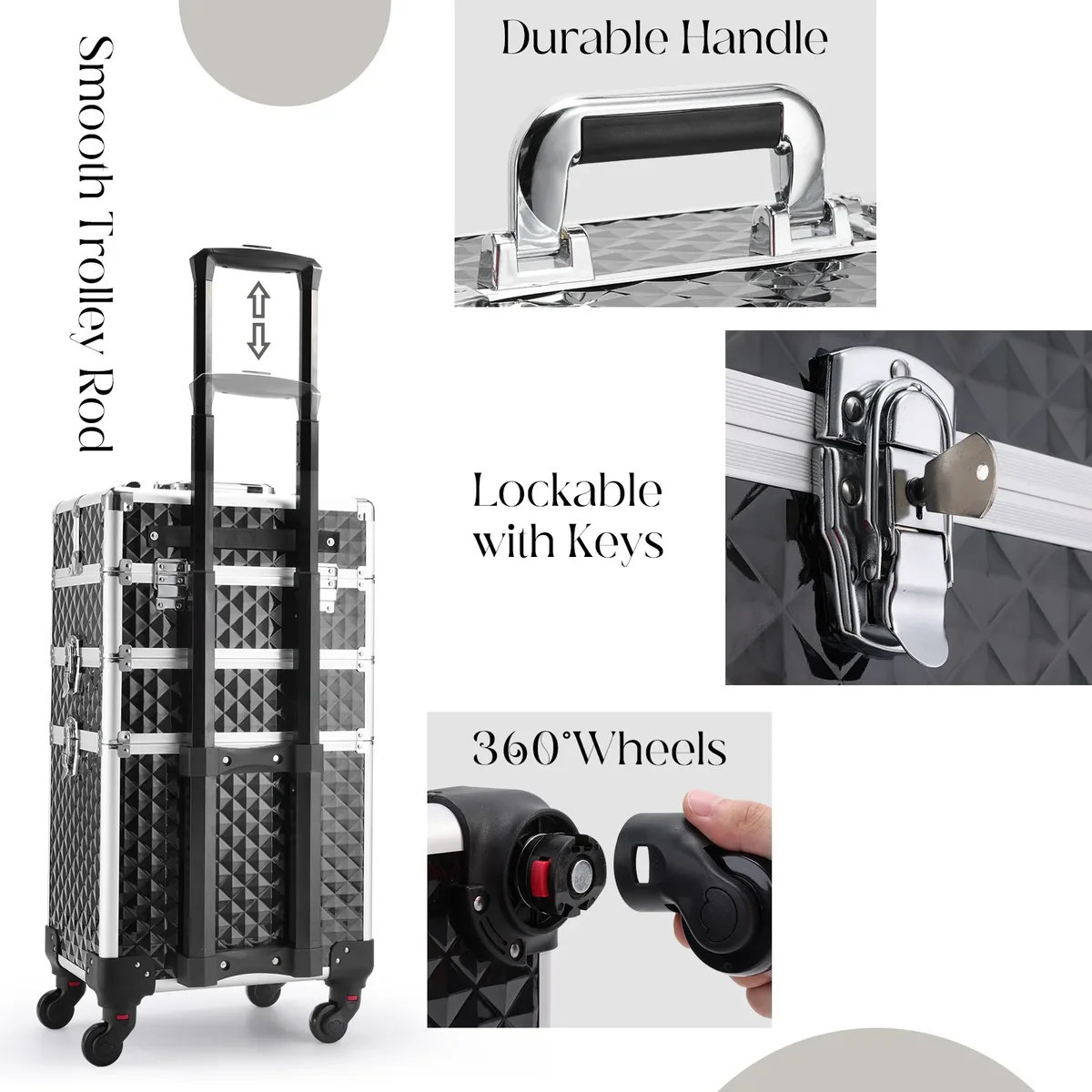 valise de rangement roulante à 4 plateaux avec poignée télescopique, valise de maquillage 3-en-1 à cadre en aluminium, mallette de maquillage sur roulettes, chariot de maquillage portable, valise de barbier, organisateur d'outils professionnels pour vernis à ongles, valise de rangement