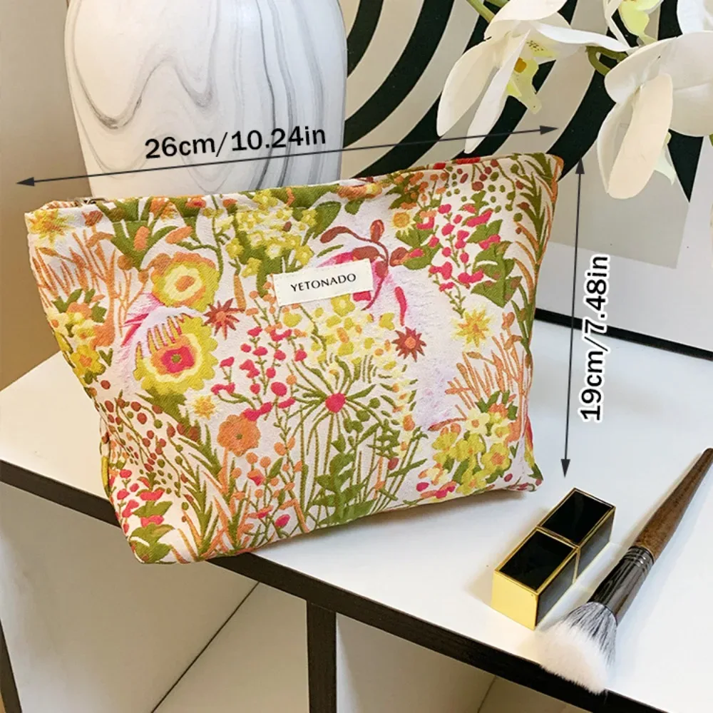 pochette en toile de polyester à motif floral, grande capacité, fermeture éclair, pochette de rangement cosmétique portable à motif floral
