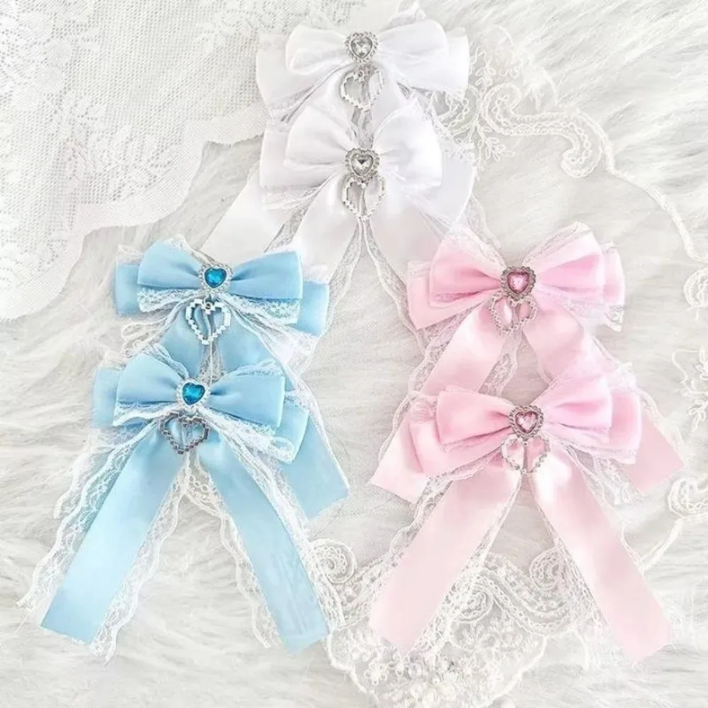 1/2pcs kit de nœuds en ruban à faire soi-même, double couche, avec pendentif en forme de cœur brillant, style lolita, pour sac à dos, avec clip en forme de cœur et diamant