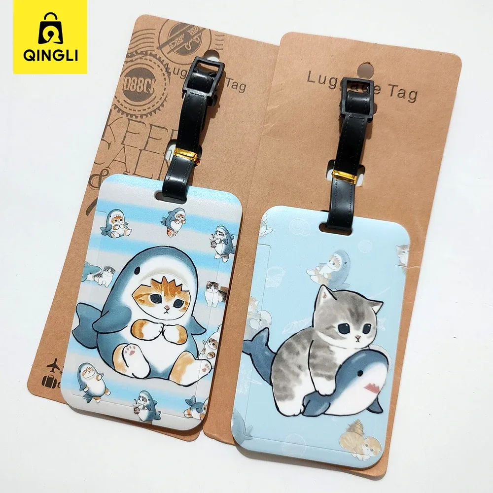 nouvelle étiquette de bagage mignonne en forme de requin et de chat, porte-carte de bus en pvc de dessin animé, housse portable pour valise de voyage, étiquette anti-perte, étiquette d'adresse