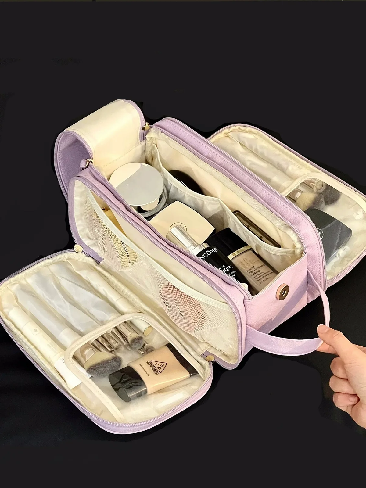 sac de maquillage multifonctionnel pour femmes, grande capacité, portable, haut de gamme pour les voyages, sac de rangement pour pinceaux de maquillage et articles de toilette.