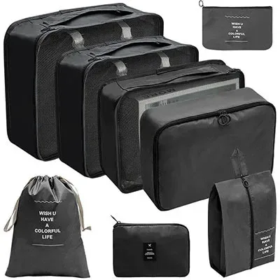 organisateur voyage polyester beige clair tissu imperméable poches maille transparente fermetures glissière poignées intégrées grande taille