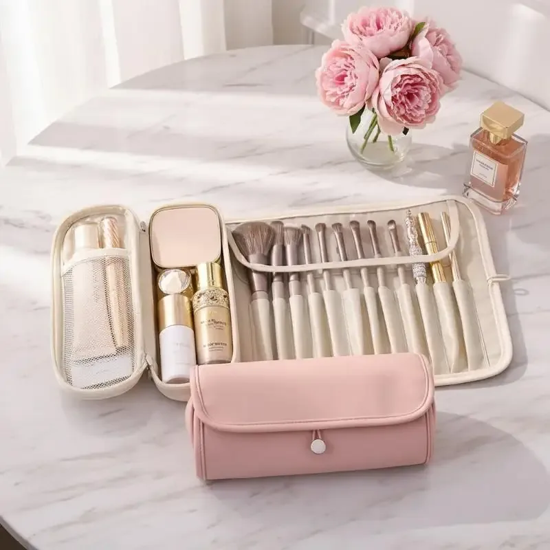 sac de rangement portable à la mode, trousse de maquillage multifonctionnelle de grande capacité, sac à pinceaux de maquillage pliable pour femme