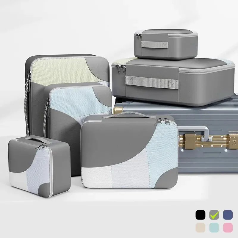 Organisateur Voyage Polyester Gris Beige Motif Géométrique Cube Sac Compression Chaussures Pochette Housse Vêtements Tailles Différentes Transport Pratique