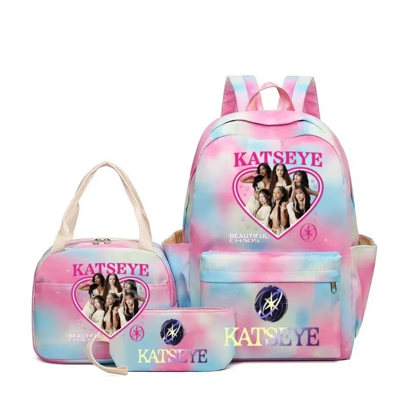 nouveaux sacs à dos katseye à imprimé amusant, 3 pièces/ensemble, sac d'école pour étudiants, sac de voyage pour adolescentes et garçons, sacs à lunch, sac à dos