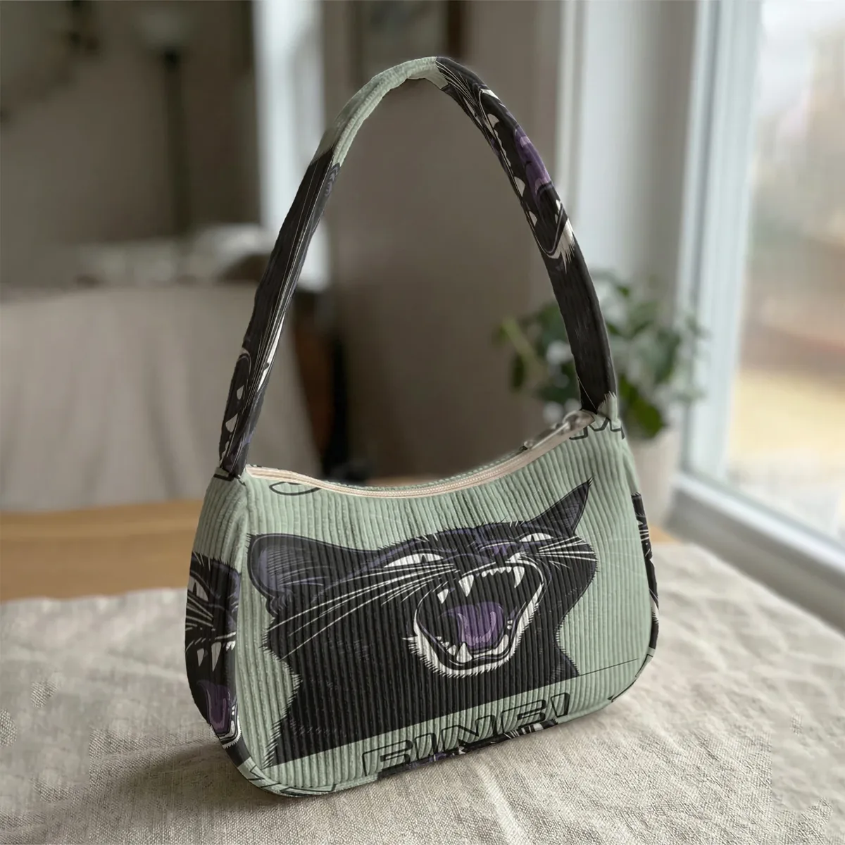 sac à bandoulière tendance imprimé chat noir en colère, sac sous le bras en velours côtelé pour un usage quotidien décontracté